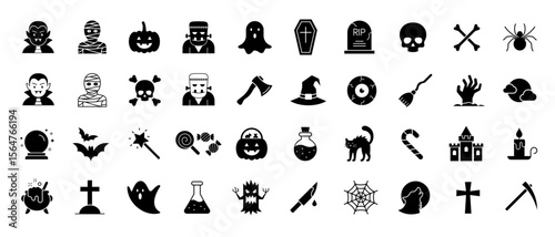 Halloween silhouettes black icon set. Containing pumpkin, ghost, vampire, mummy, Frankenstein, spider, skull, bone, bat, cat, witch, cemetery, candy and more. Vector illustration.