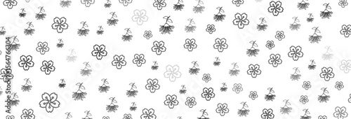Delicate floral pattern with varying sizes and shapes of minimalist outlined flowers and budding stems in monochromatic grayscale palette, creating a springlike and visually appealing repeat design.