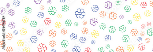 Vibrant pattern of outlined flowers in red, orange, yellow, green, blue, and purple scattered on a clean white backdrop creates a cheerful and playful visual ideal for springtime designs