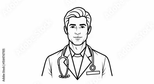 Illustration of a doctor with a stethoscope wearing a lab coat in black and white line art style