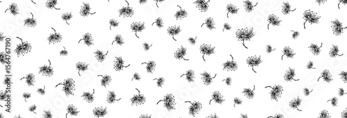 Elegant monochrome pattern features delicate, black floral illustrations scattered across a crisp, white background, ideal for adding a refined and artistic touch to various design projects