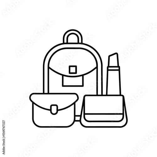 Simple black and white line art illustration of backpack purse and lipstick essentials