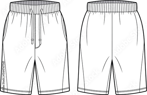 CAD drawing of shorts, flat vector sketch, front and back view, technical fashion illustration, drawstring waistband, casual wear design