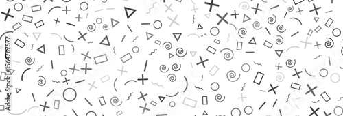 Seamless pattern with geometric shapes in monochrome, featuring circles, triangles, rectangles, spirals, crosses, and zigzags scattered across a clean white backdrop for a modern visual effect