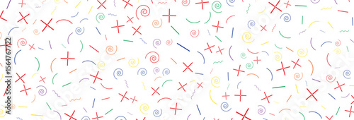 Abstract white backdrop featuring a playful scattering of primary-colored shapes, including bright red crosses, dynamic spiral curves, and various short lines in a cheerful, random pattern.