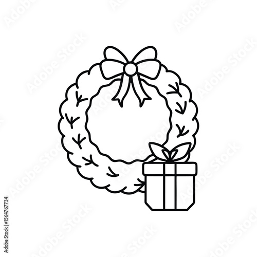 Simple christmas wreath with a festive bow and a gift box in modern black line art design