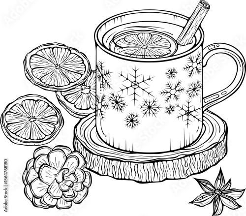 Lemon ginger tea with cinnamon in mug with snowflake pattern on wooden coaster. Composition with pine cone and dried citrus slices. Vector illustration in hand drawn style. Line art isolated on white