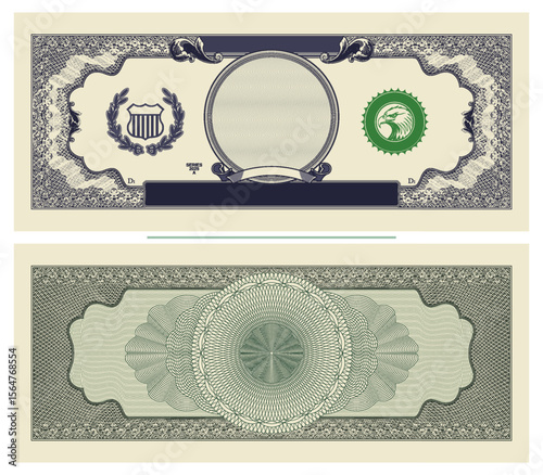 Vector blank template in vintage paper money style. Retro banknote sample with guilloche patterns. Obverse and reverse. Symmetrical beautiful bill. Shield, eagle and wreath