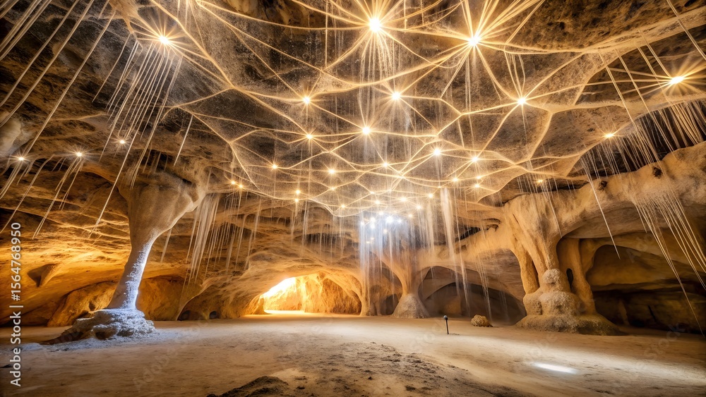 Obraz premium Enchanting cave interior illuminated by a network of glowing lights and hanging strands