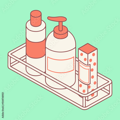 Isometric bathroom shower organizer basket with tubes, bottle, dispenser. Toiletries cosmetic product skin care. Vector line illustration icon