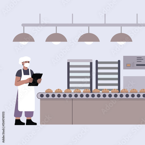 Bakery Worker in White Apron Inspecting Bread on Conveyor Belt vector