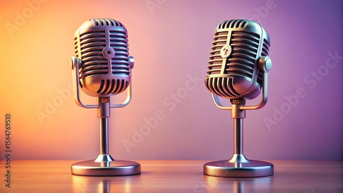 Two vintage silver microphones stand side by side on a wooden surface