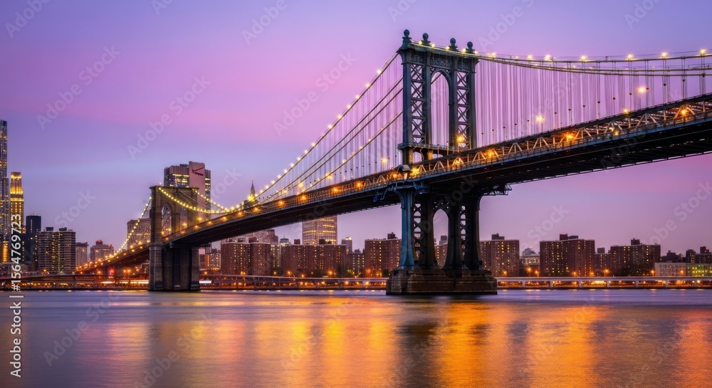 Fototapeta premium Majestic Suspension Bridge Illuminated at Dusk Over Calm Water