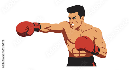A determined male boxer throws a powerful punch with red gloves, showcasing strength and determination against a clean, white background, ready to compete.