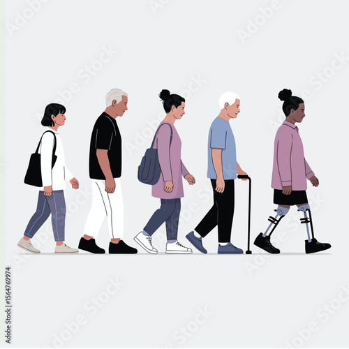 Diverse People Walking Sideby Side Carrying Bags and Cane group