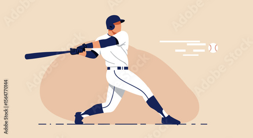 A baseball player in a white uniform swings a bat with power during a game, captured in a dynamic flat illustration style on a neutral background.