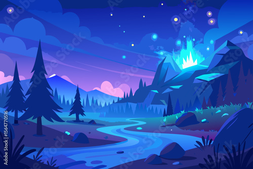 A captivating illustration of a Christmas night winter landscape with snow-covered trees and a starry sky