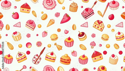 Endless repeating border of cute hand-drawn desserts and sweets,  line,  confectionery