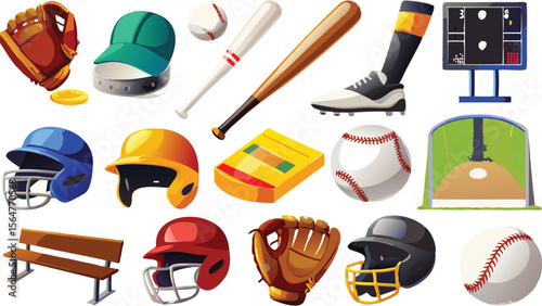 Illustration showcasing various baseball equipment and field elements in vibrant colors