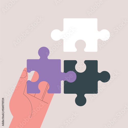Hand Placing Purple Puzzle Piece Next To White And Dark Gray Pieces vector