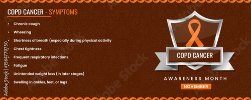 COPD Cancer Awareness Month Poster with Symptoms, Orange Ribbon, banner.