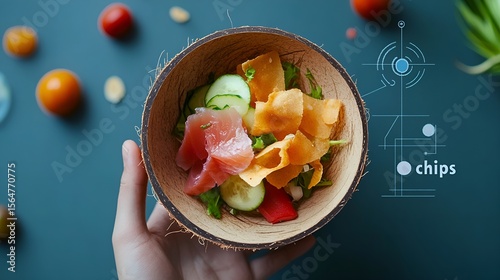 Hand Holding a Healthy Poke Bowl with a Futuristic Nutritional Analysis Overlay.