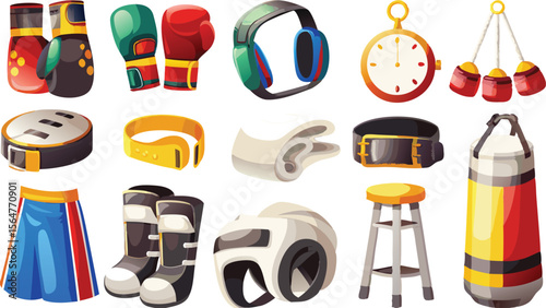 Illustration of various boxing equipment including gloves, headgear, and a punching bag item set