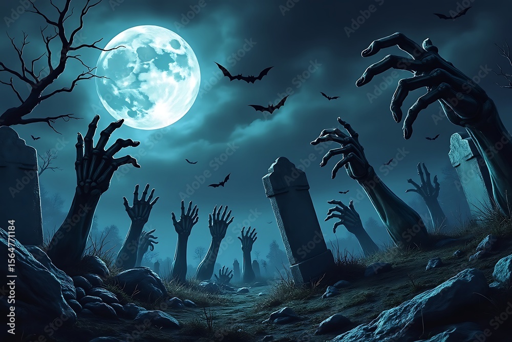 Zombie hands rising from graves under a full moon and bats Halloween graveyard Zombie hands rising from graves under a full moon and bats Halloween graveyard