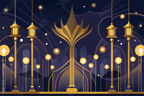 Here's a single sentence for naming your image:

Abstract vector illustration of a Christmas night city with a decorated tree, snow, moon, and light, perfect for a holiday card design