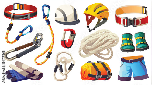 Illustration of rock climbing equipment including ropes helmets and carabiners gear and other accessories