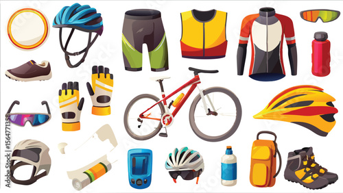 Illustration showcasing various cycling equipment and apparel for outdoor adventures and activities