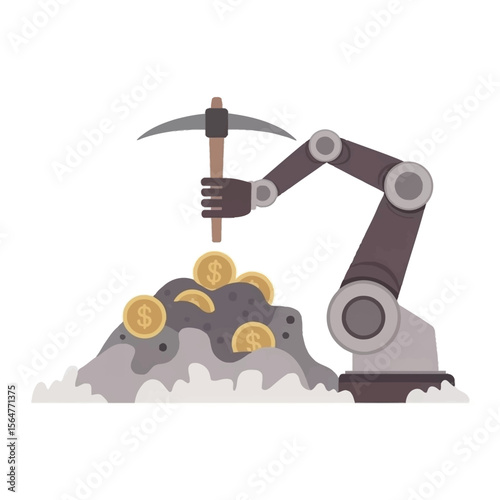 Robotic Arm Mining Gold Coins from Grey Rock Pile vector