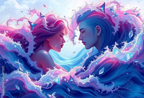 Ephemeral love, tempestuous waves merging with embracing forms,  photography,  graphic