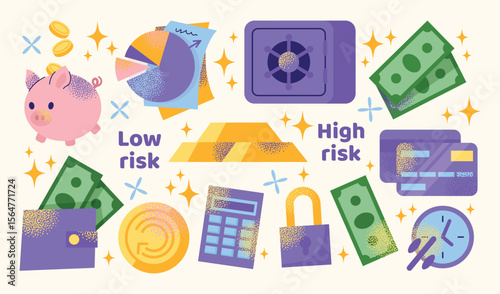 Financial investment and savings set concept with piggy bank, credit cards, gold bars, cash, pie chart, calculator and safe. Flat vector illustration Budgeting and money management concept