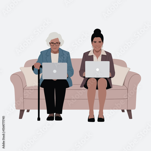 Two Women Sitting Sofa Laptops Beige Couch Senior Woman Cane elderly