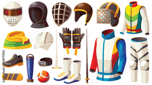 Collection of fencing equipment and apparel including helmets jackets and protective gear displayed
