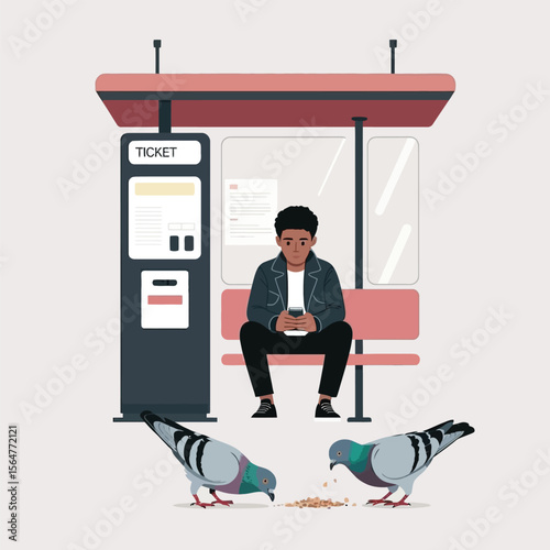 Young Man Waiting at Bus Stop Using Smartphone Two Pigeons Eating adult black