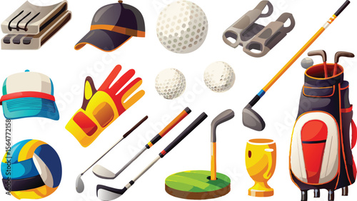 Illustration showing golf equipment including clubs balls tees and other accessories for the sport golf