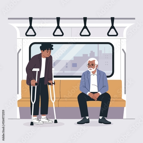 Young Man with Crutches and Older Man Sitting on Train subway public