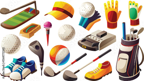 Collection of golf equipment including clubs, balls, shoes, gloves, and practice putting green