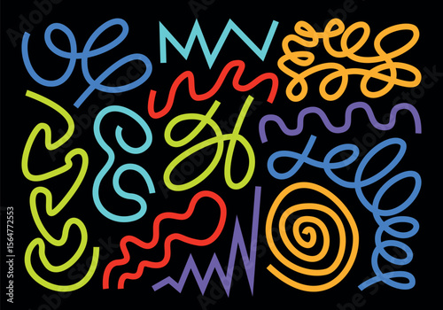 Vector set of doodle hand drawn, different lines in flat style. Rainbow retro collection in geometric abstract elements. Curve, ellipse, zigzag. Cartoon children's illustrations. Symbol, design.