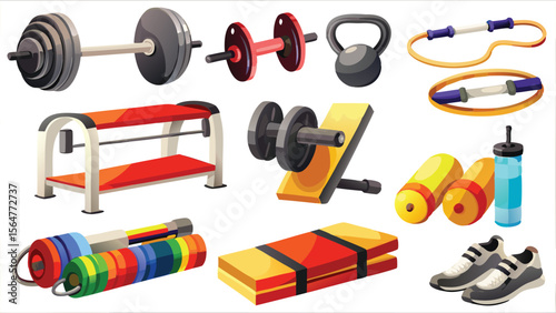 Illustration showcasing a variety of fitness equipment including weights bench and accessories for exercise