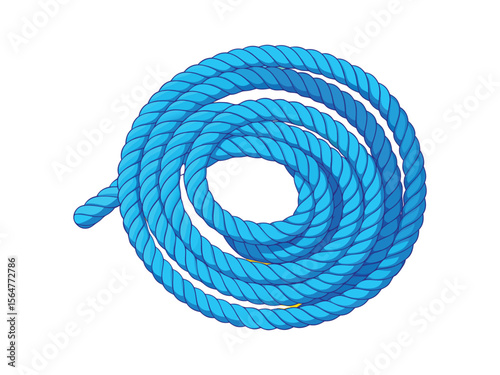 Thick blue twisted rope coiled in a spiral shape isolated on white background

