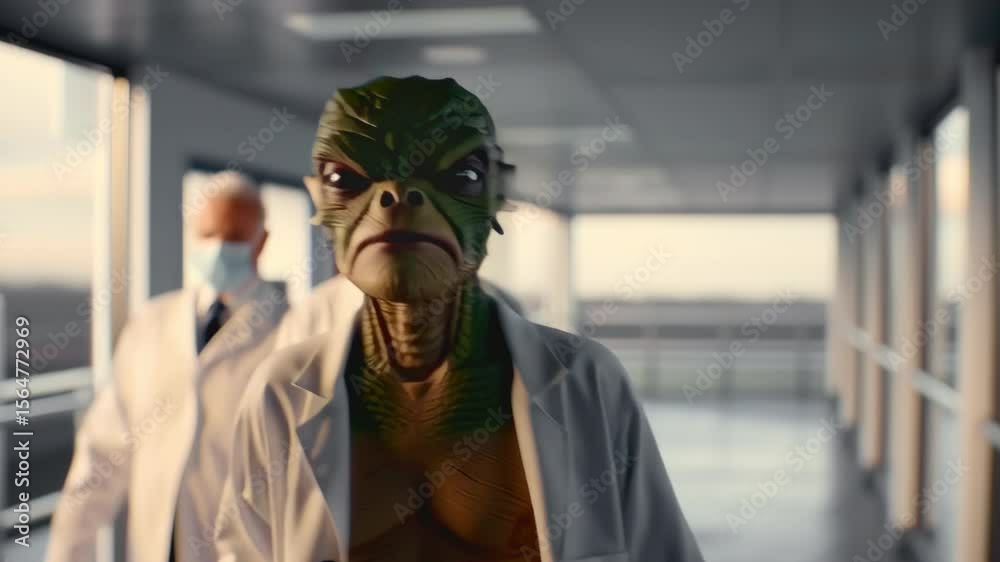 humanoid hospital gown walks along hospital corridor accompanied by orderlies, active run camera, humorous footage about need monitor cardiovascular diseases of elderly timely health monitoring