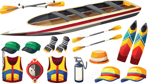 Illustration of a canoe boat with paddles life vests and other boating safety accessories gear