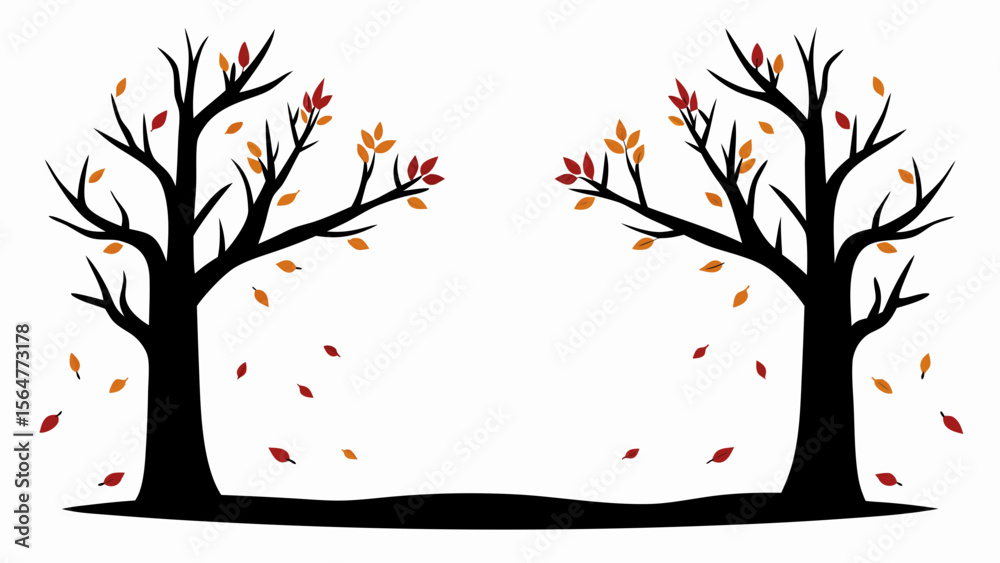 Fototapeta premium Two bare trees with falling autumn leaves in red and orange on a white background creating a frame
