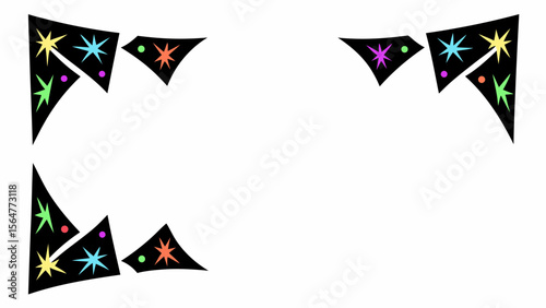 Illustration of black pennants with colorful stars and dots arranged as a decorative frame element