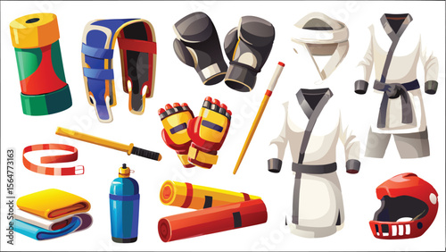 Collection of martial arts equipment including gloves, uniform, and protective gear displayed together