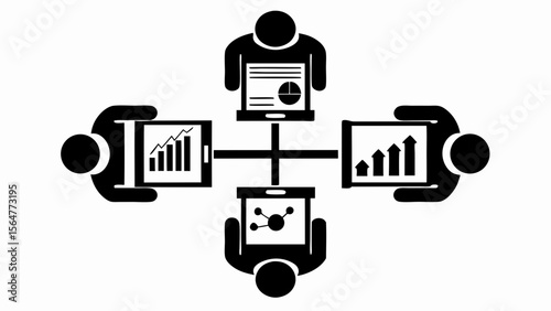 Four people connected with tablets displaying charts and data in a network configuration setup here