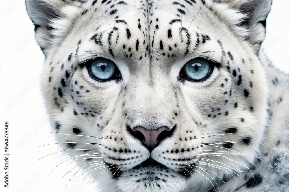 Naklejka premium Close-up of a snow leopard's head and face, showcasing its striking white fur and bold black spots. Large, captivating blue eyes stare directly at the viewer